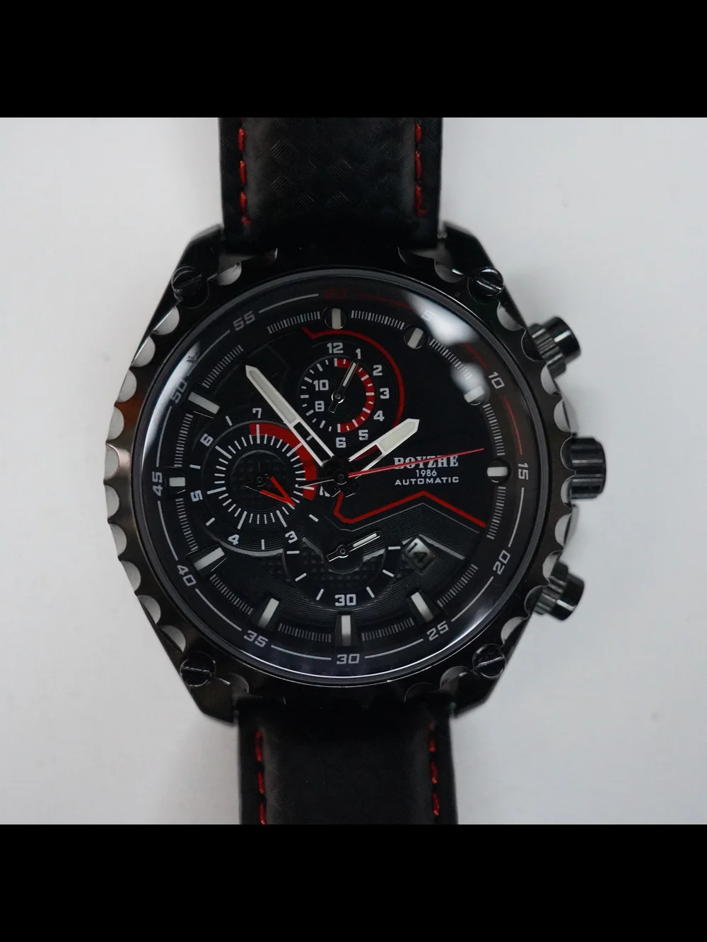 BOYZHE F1908 Automatic Men's Watch 47mm Black Red Dial Leather Strap Date